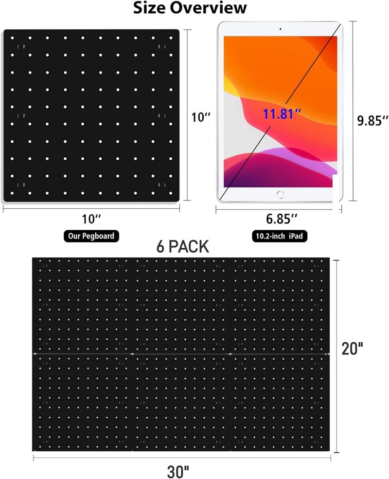 Lansi Peg Board Wall Organizer Panels - 6Pcs Black ABS Pegboard Wall Mount for Home, Craft Room, Garage, Kitchen, Workshop, Tool Organization, 10*10in (No Hooks and Bins) - Image 2